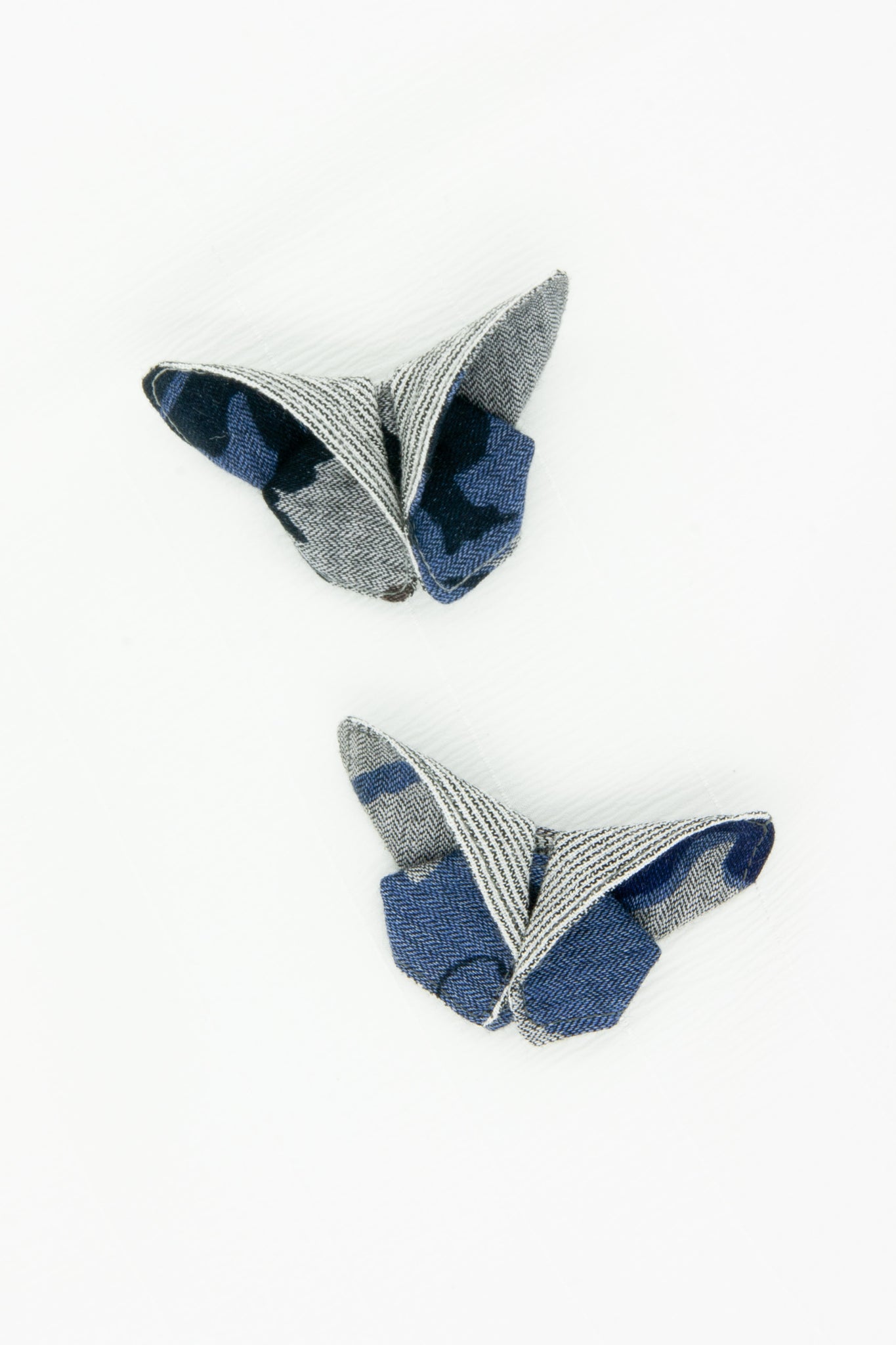 Butterfly Brooch in Blue/Gray Cotton Print and Stripes
