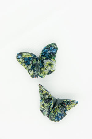 Butterfly Brooch in Metallic Green and Blue Floral Printed Plissé