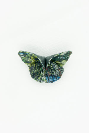 Butterfly Brooch in Metallic Green and Blue Floral Printed Plissé