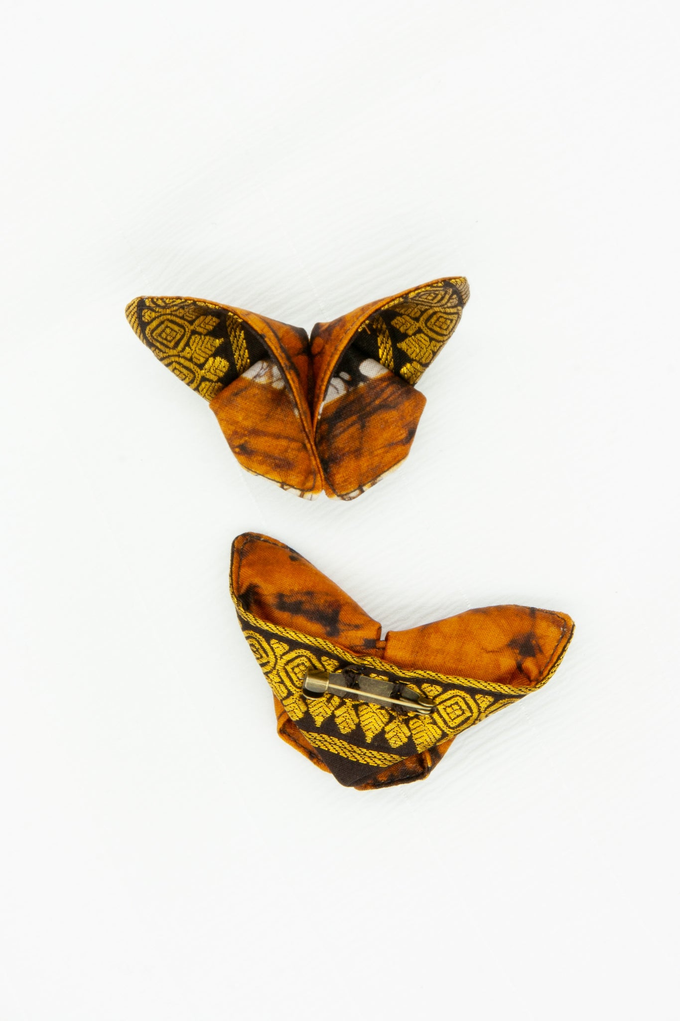 Butterfly Brooch in Orange and Brown Dyed Indian Silk with Gold Embroidery