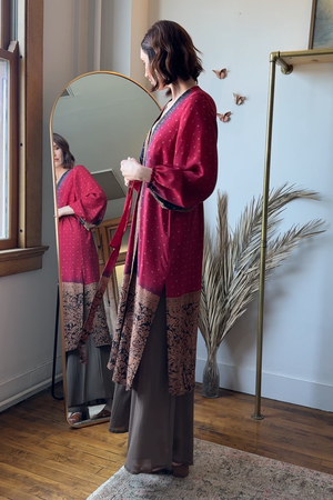 Kimberly Duster RTW with Pouf Sleeves in Cranberry Silk Crepe