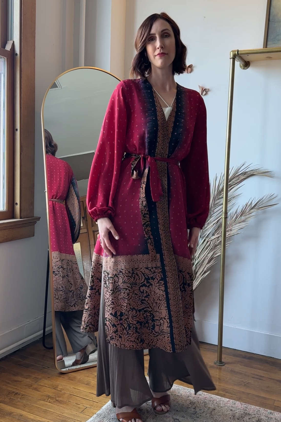 Kimberly Duster RTW with Pouf Sleeves in Cranberry Silk Crepe