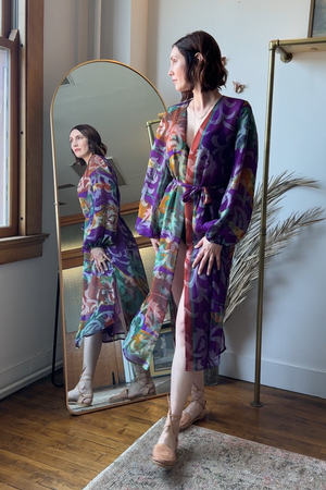 Kimberly Duster RTW with Pouf Sleeves in Purple Sheer Indian Silk