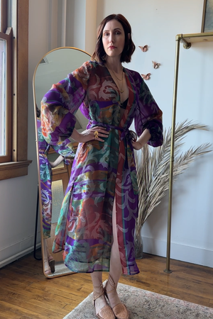 Kimberly Duster RTW with Pouf Sleeves in Purple Sheer Indian Silk