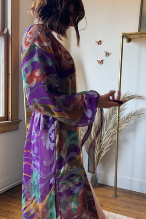 Kimberly Duster RTW with Pouf Sleeves in Purple Sheer Indian Silk