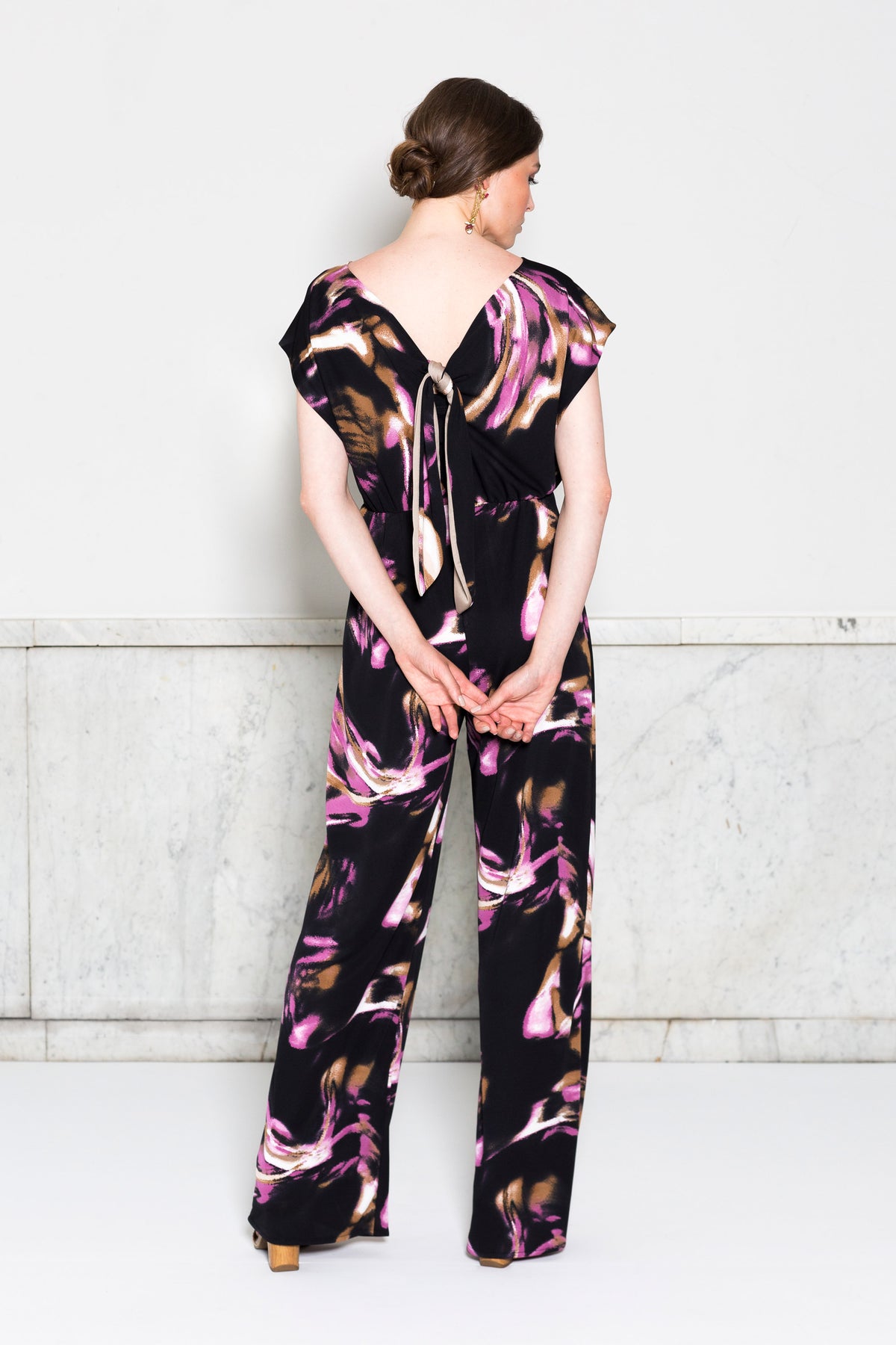 Tie Back Jumpsuit RTW in Brushstroke Print