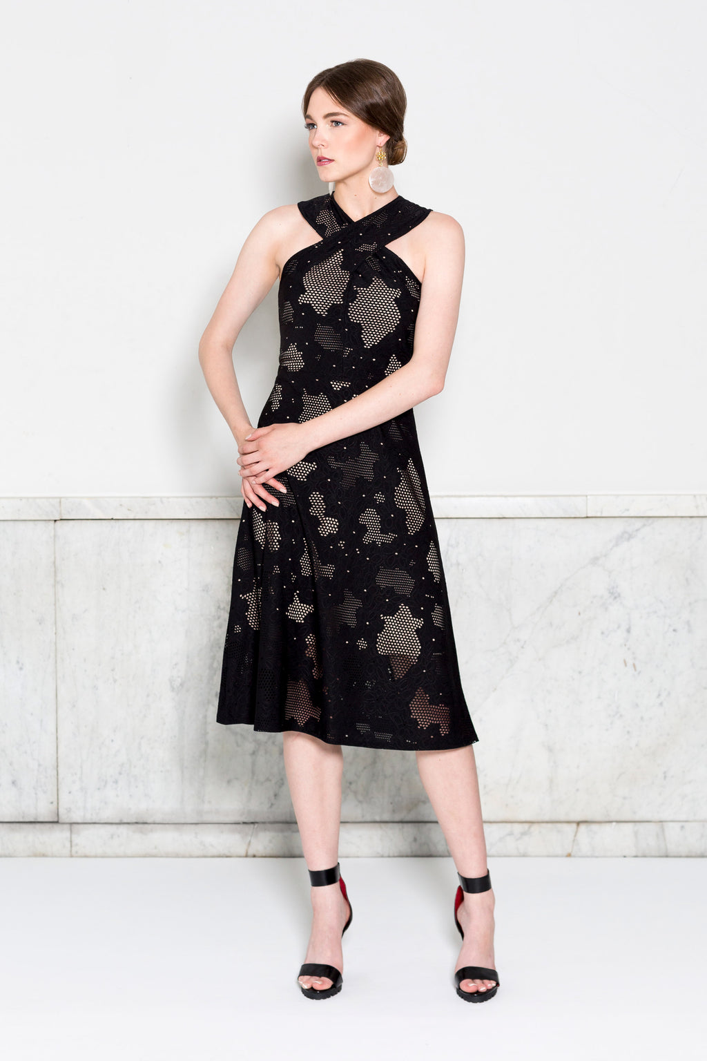 Crisscross Halter Dress RTW in Black Lasercut Floral