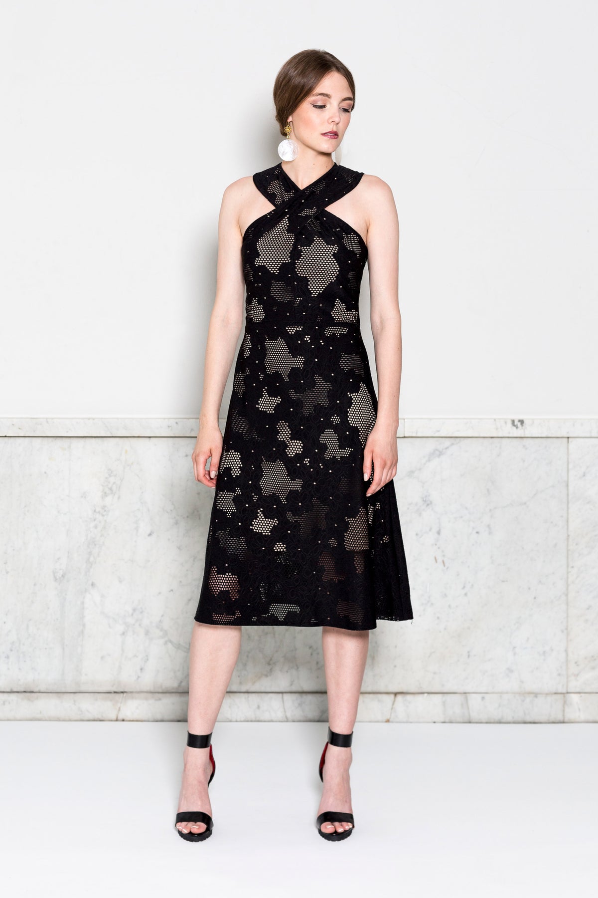Crisscross Halter Dress RTW in Black Lasercut Floral