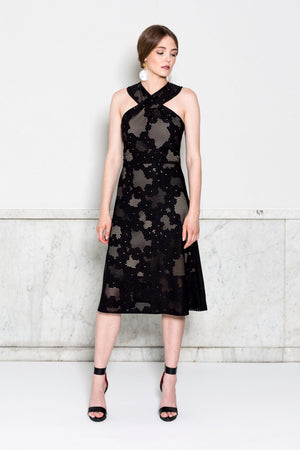 Crisscross Halter Dress Rtw in Black Lasercut Floral Crisscross Halter Dress Rtw in Black Lasercut Floral