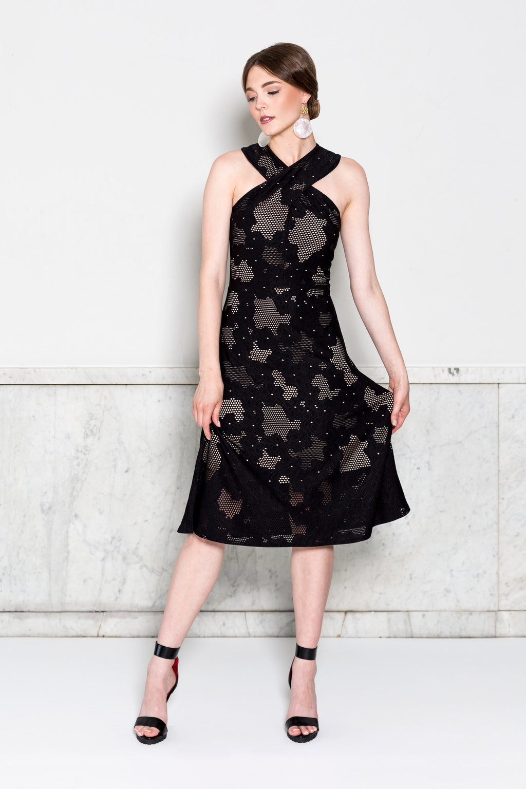 Crisscross Halter Dress RTW in Black Lasercut Floral