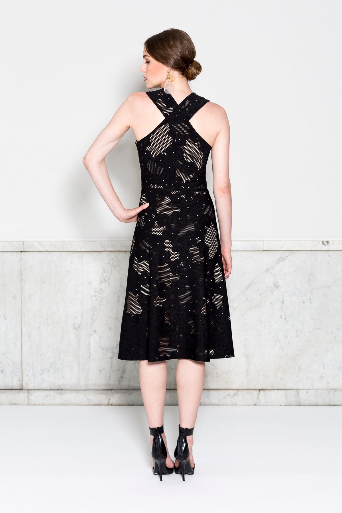 Crisscross Halter Dress RTW in Black Lasercut Floral