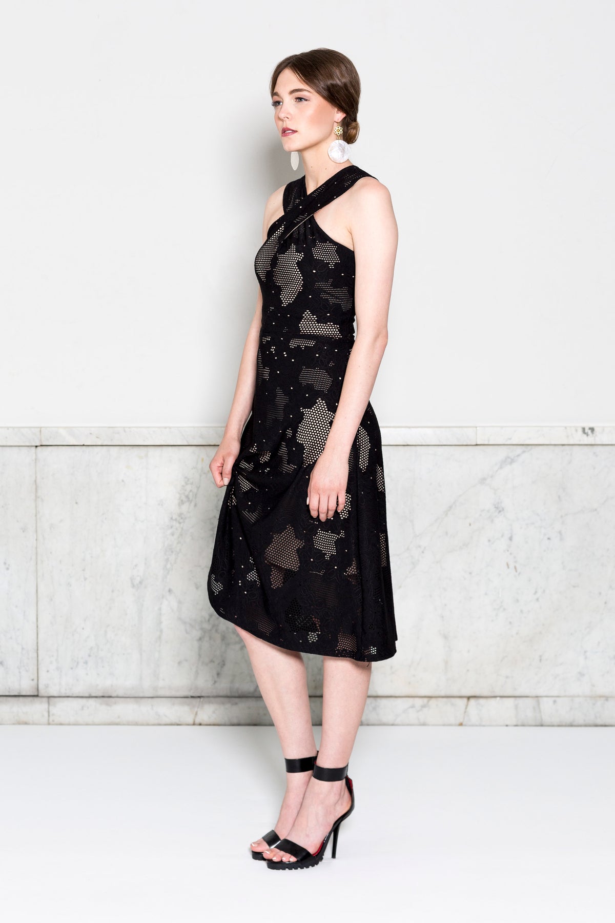 Crisscross Halter Dress RTW in Black Lasercut Floral