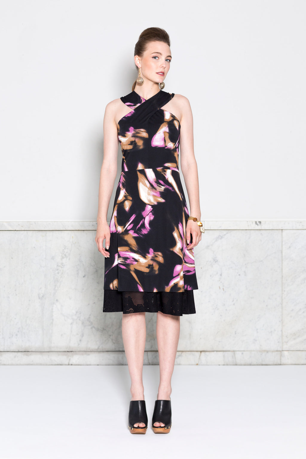 Crisscross Halter Dress RTW in Brushstroke Print