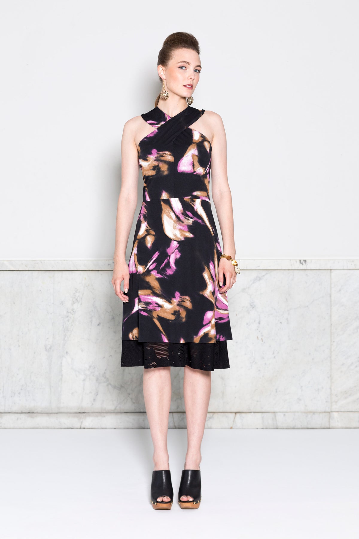 Crisscross Halter Dress RTW in Brushstroke Print