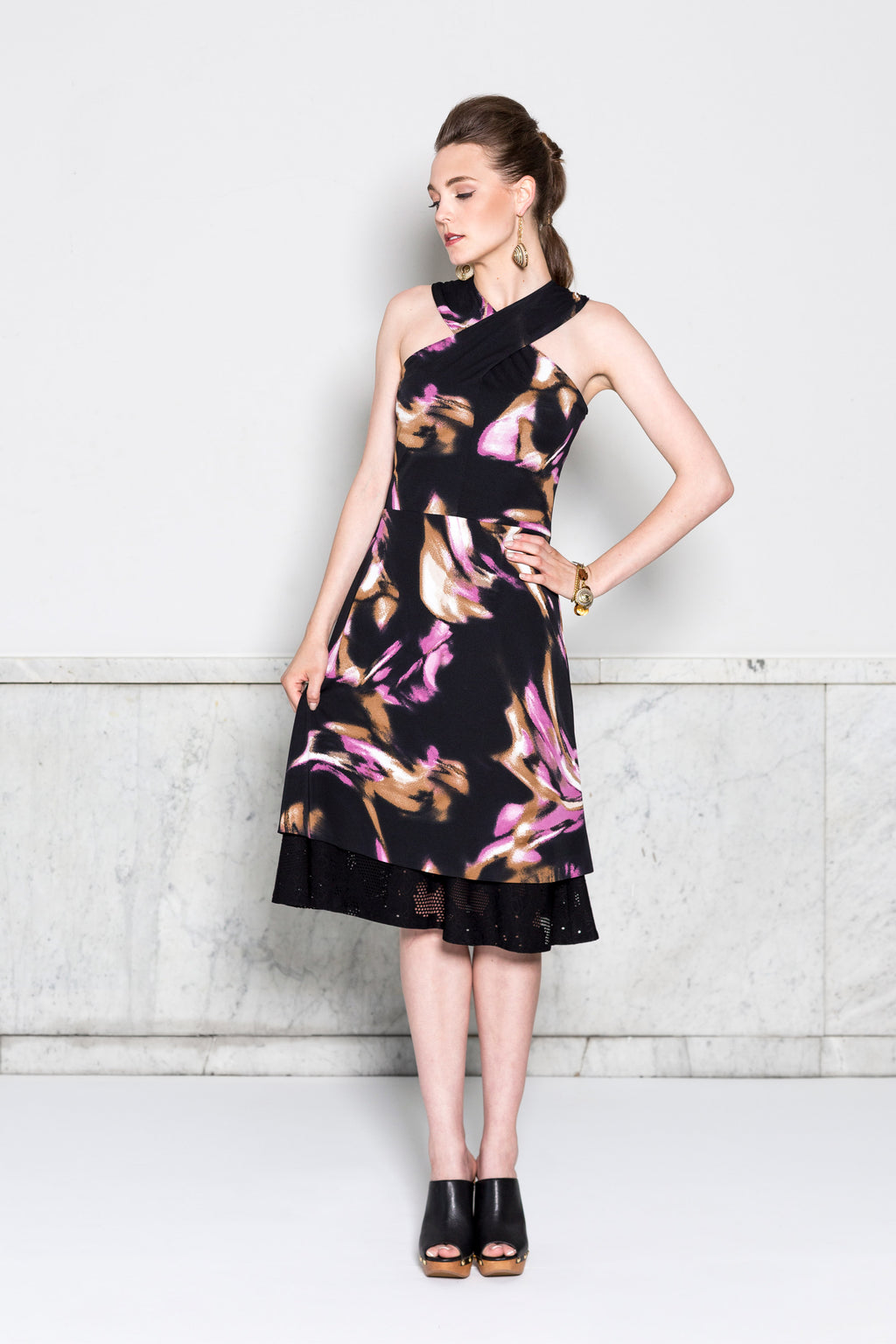 Crisscross Halter Dress RTW in Brushstroke Print